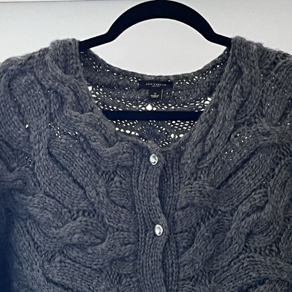 Ann Taylor Loft Womens Cardigan Sweater SZ S Wool Alpaca Blend Grey Cable Knit - Picture 2 of 9